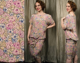 1980s W:44" Pretty Pastel Floral Sack dress that ties at hips Gatsby style by Young Edwardian, 50" Bust, 40" Hip