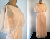 1970s XS Peach Chiffon Pleated Maxi Dress XS Angel Drape with Cold Shoulder
