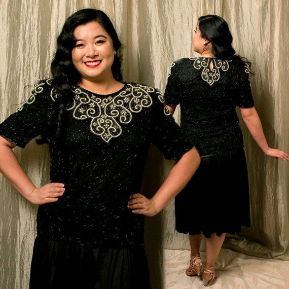 1980s L Royal Feelings Black Bugle Beaded top wit… - image 1