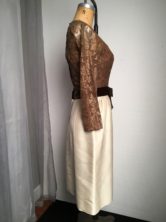 1960s W:26" Brown Lace Color Block Cocktail Dress… - image 8