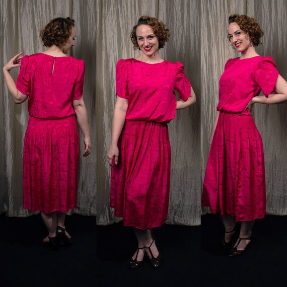 1980s S Fuchsia Pink Jacquard Floral Short Sleeve
