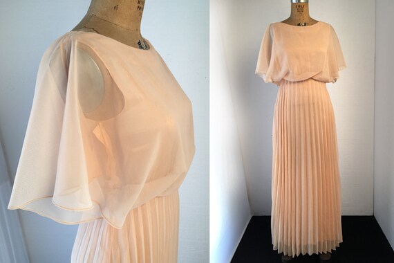 1970s W:25" Peach Chiffon Pleated Evening Prom Dr… - image 1