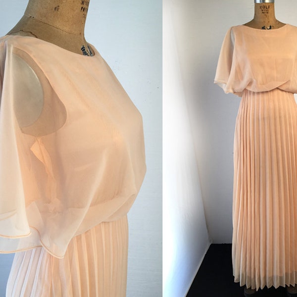 1970s W:25" Peach Chiffon Pleated Evening Prom Dress, Draped Angel sleeves with Cold Shoulder Maxi Dress