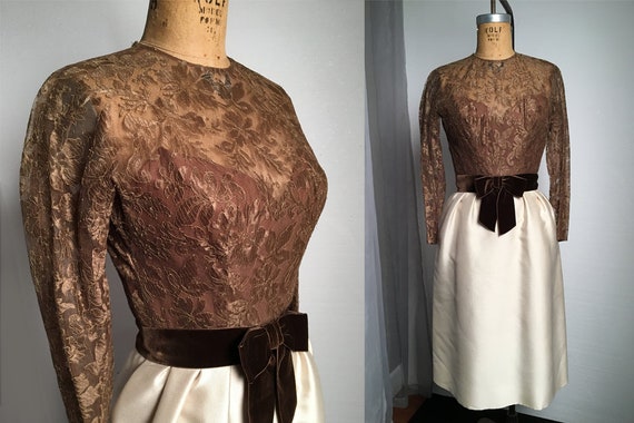 1960s W:26" Brown Lace Color Block Cocktail Dress… - image 1