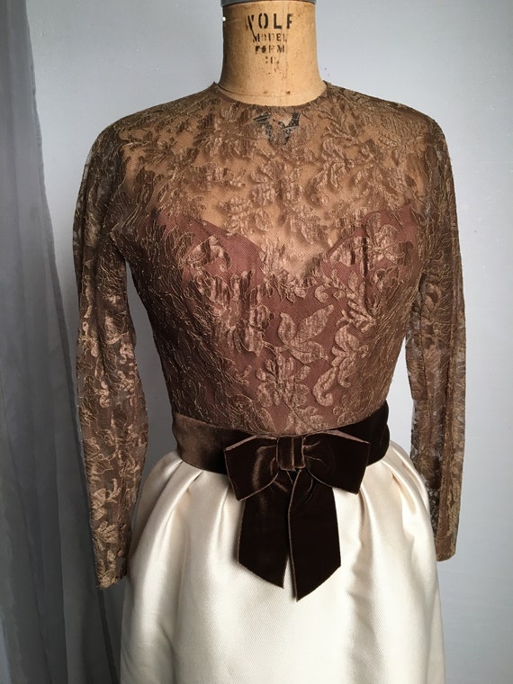 1960s W:26" Brown Lace Color Block Cocktail Dress… - image 9