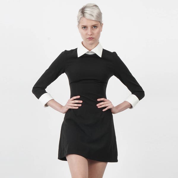 Wednesday Addams Halloween Dress Costume Black dress with White Round or Square Collar