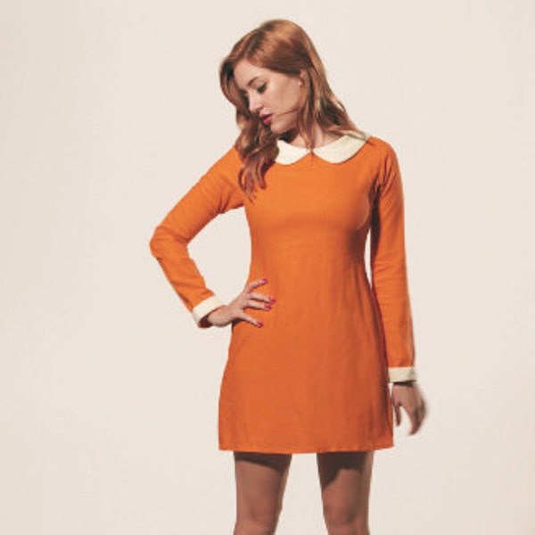 Orange Mod Dress, with White Peter Pan Collar, Orange Shift Dress, 1960's Vintage shift