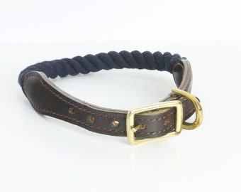 Dog Collar, Leather Dog Collar, Navy Blue, Boy Dog Collar, Rope Dog Collar, Cute, Summer Dog Collar, Dog Gift, Free Shipping