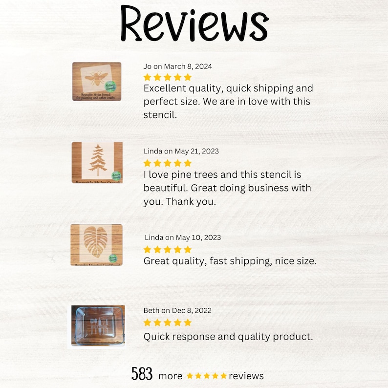 Puede incluir: Imagen de rese&ntilde;as de clientes con la palabra "Reviews" en la parte superior. Las rese&ntilde;as incluyen comentarios sobre la calidad y el tama&ntilde;o de las plantillas. La imagen tambi&eacute;n muestra el n&uacute;mero de rese&ntilde;as y la calificaci&oacute;n.