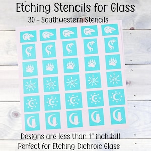 May include: A sheet of 30 Southwestern-themed etching stencils for glass. Each stencil, less than 1 inch tall, features designs like bears, Kokopelli figures, paw prints, suns, moons, and cats. The stencils are arranged in a grid pattern on a light pink background.