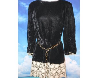 Vintage Black Silk Velvet Dress with White floral Embroidery Hem