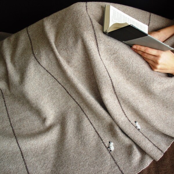 Light Brown Plaid 012 /Handmade Weaving on the Loom / 100% Wool /  Blanket