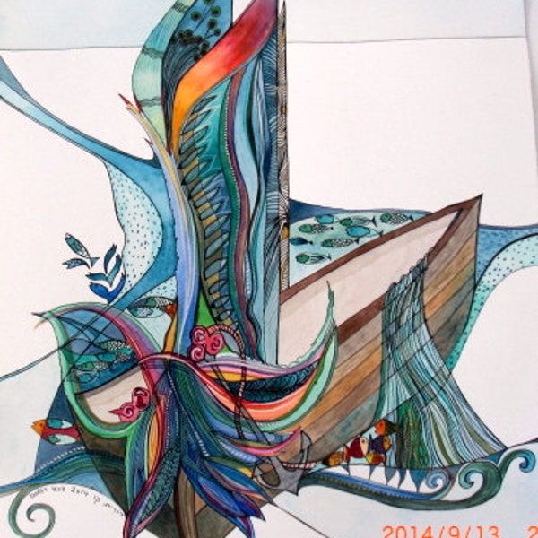 Fishing Boat-Watercolor Original Painting,Art, Ooak,Watercolor Painting,Blue Fishing Boat,Coastal,Nautical Painting, Seascape,Unique,Artwork