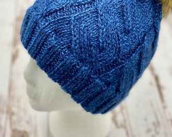 Knit Blue Marl Cable Beanie, fur pom pom, beanie hat, winter hats, women's winter hat, winter hats for women, Unisex hat, gifts for her