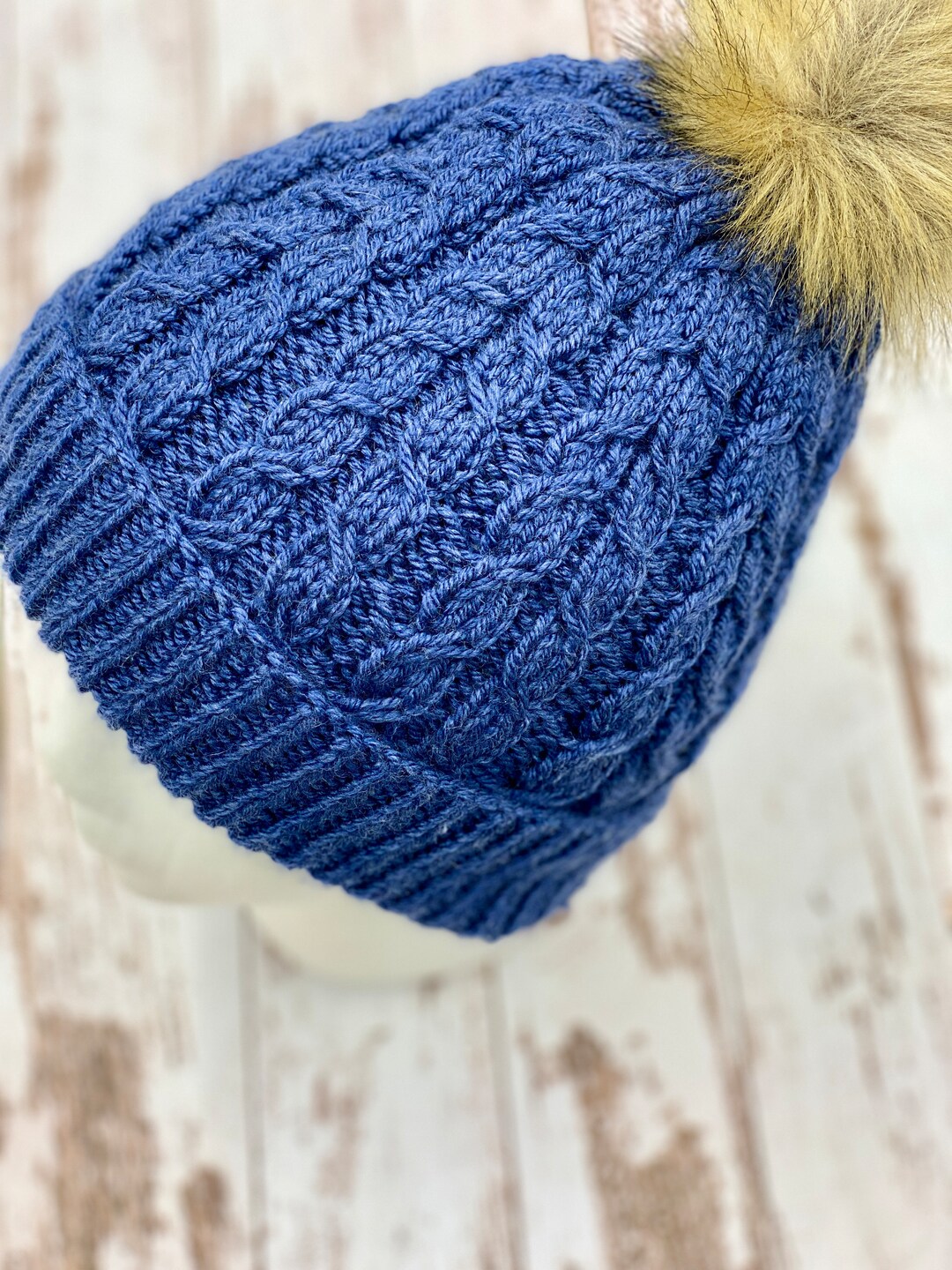 Twin Cities Toque, Blue Cable Beanie, Fur Pom Pom, Beanie Hat, Winter