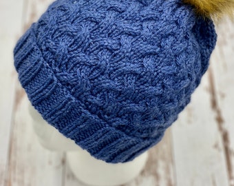 Blue Cable Beanie, fur pom pom, beanie hat, winter hats, women's winter hat, winter hats for women, gifts for her