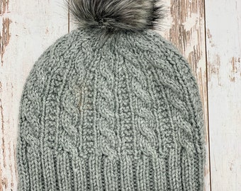 Knit Gray Cable Beanie, fur pom pom, beanie hat, winter hats, women's winter hat, winter hats for women, Unisex hat, gifts for her