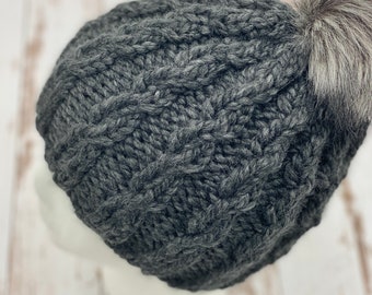 Gray Women's Winter Hat | Chunky Weight | Texture Knit | Fur Pom Pom | Breckenridge Braid