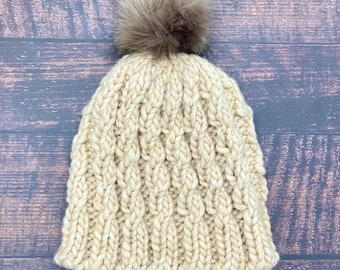 Women's Winter Hat | Chunky Weight | Texture Knit | Fur Pom Pom | Breckenridge Braid