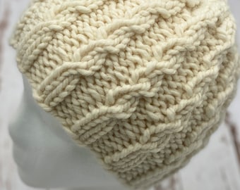 Cream Women's Winter Hat | Chunky Weight | Texture Knit | Fur Pom Pom | Breckenridge Braid