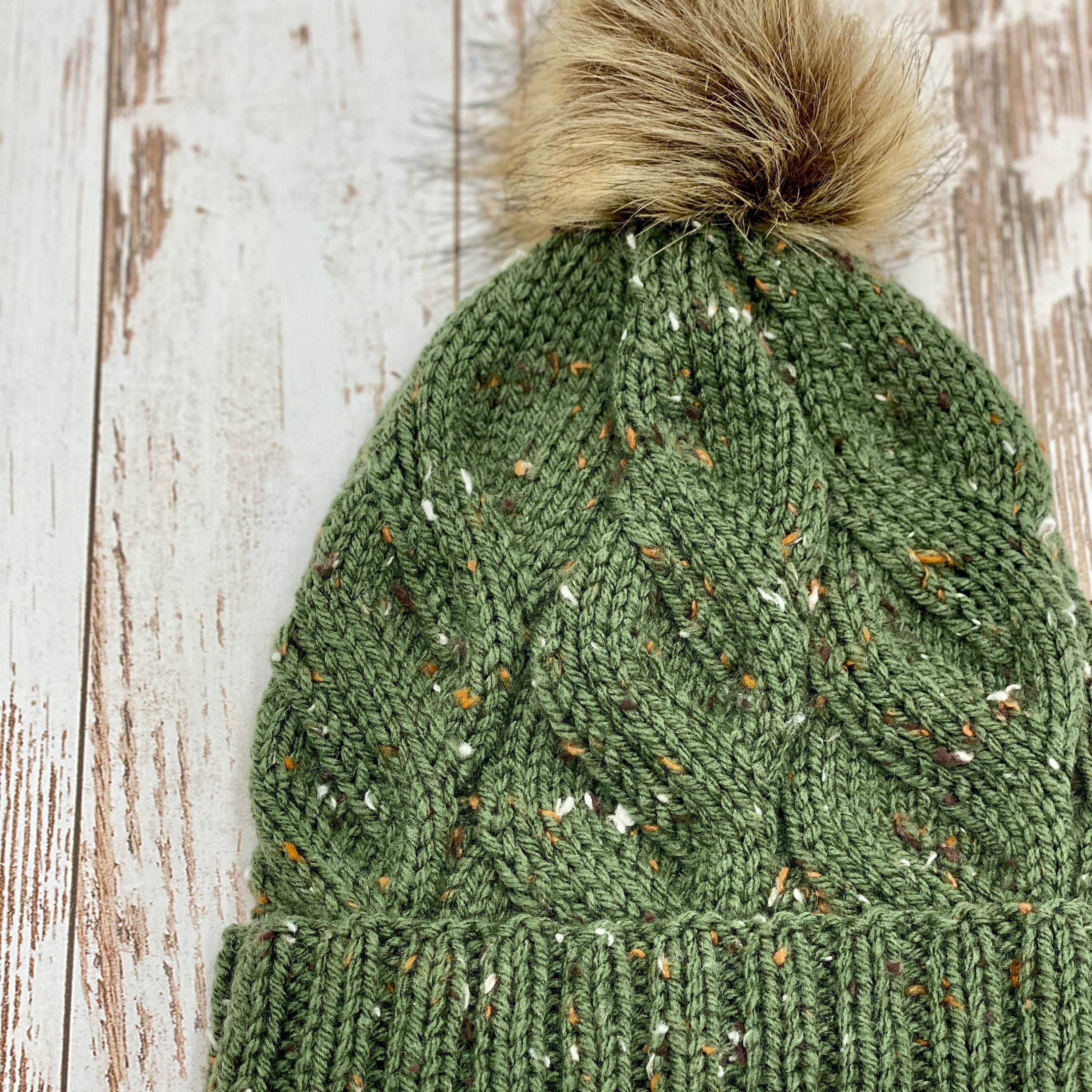 Knit Green Tweed Cable Beanie Fur Pom Pom Beanie Hat Winter 