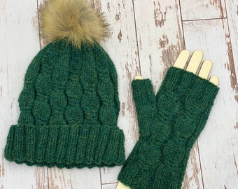 Green Wool Cable Gift Set, winter hat and mittens, fingerless gloves, women's winter hat, winter hats for women, gifts for her