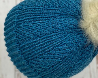 Knit Blue Cable Beanie, fur pom pom, beanie hat, winter hats, women's winter hat, winter hats for women, Unisex hat, gifts for her