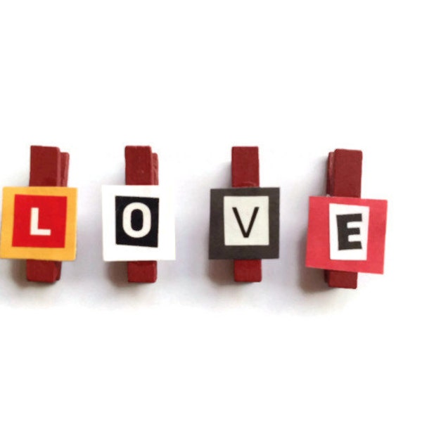 LOVE mini Peg Magnets set of 4 handmade reworked red pegs mum partner love gift