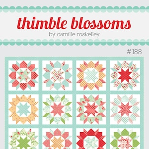 May include: A quilt pattern called "Thimble Blossoms" by Camille Roskelley. The pattern features 16 blocks, each with a different star design in shades of red, green, blue, and yellow. The quilt is called "Swoon Sixteen".