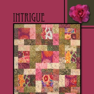 May include: A patchwork quilt with the word "INTRIGUE" at the top. The quilt features squares of floral fabric in shades of pink, orange, green, and beige. A pink rose is in the upper right corner. The words "Villa Rosa Designs" are at the bottom.