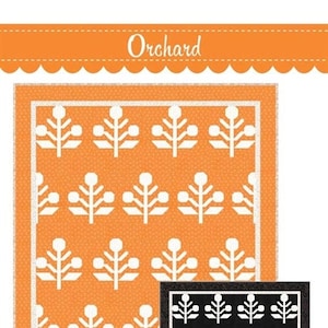 May include: A quilting pattern called "Orchard" featuring a simple geometric design of white trees on a black and orange background. The pattern includes instructions for a two-color piecing method.