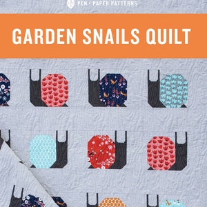 May include: A quilt pattern featuring a repeating design of snails with different patterned shells. The snails are black with a gray background. The text "GARDEN SNAILS QUILT" is at the top of the image.
