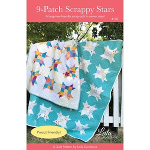 May include: Two quilts with star patterns are displayed outdoors. One quilt has a white background with colorful star blocks. The other quilt is teal with white star blocks. The text "9-Patch Scrappy Stars" is at the top.