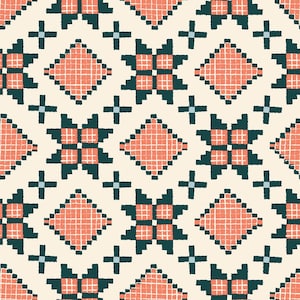 May include: A seamless pattern with a geometric design featuring a repeating pattern of teal blue, coral pink, and cream colored squares and diamonds.