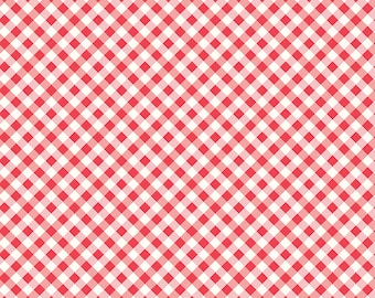 May include: A close-up of a fabric with a red and white gingham pattern. The pattern is a classic checkered design, with evenly spaced squares. The fabric is measured in inches.