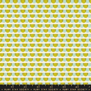 May include: A repeating pattern of olive green half-circles alternating with light blue half-circles on a cream background. The fabric has a ruler along the bottom with the text "RUBY STAR SOCIETY".