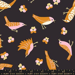 May include: A black background with a repeating pattern of pink and orange birds, and pink flowers. The birds have a spotted pattern and the flowers have a yellow center.