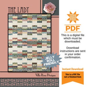 Puede incluir: Un patrón de edredón PDF digital titulado "The Lady" de Villa Rosa Designs. El diseño del edredón presenta un patrón de patchwork en varios colores, incluyendo azul, verde, rojo y crema. La imagen también incluye una rosa rosa y texto que indica que es una descarga digital.
