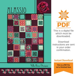 May include: A PDF pattern for a quilt called "Alassio" by Villa Rosa Designs. The quilt is made up of squares in shades of teal, pink, red, and white on a burgundy background.