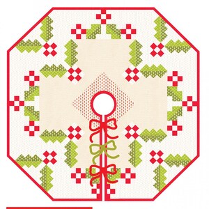 May include: A red and green patchwork design for a Christmas tree skirt. The design features holly leaves and red bows. The text "Holly Tree Skirt" and "Simple Piecing & Many Tips Included" is included in the image. The image also includes the logo "Fig Tree & Co."