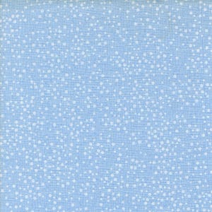 May include: Light blue fabric with a pattern of small, white, evenly spaced dots. The fabric has a subtle, textured appearance, with a grid-like weave visible beneath the dots. The overall effect is a soft, airy design.