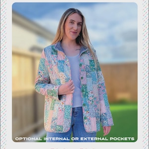 May include: A patchwork jacket with floral and geometric patterns in pastel colors. The jacket has a collar and button closure. Text on the image reads "LAURA JACKET" and "OPTIONAL INTERNAL OR EXTERNAL POCKETS". The brand logo "m&m" is also visible.