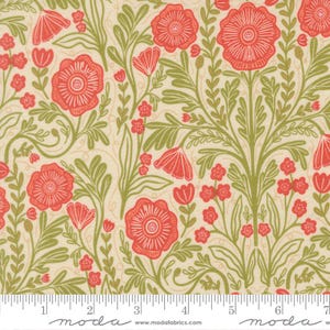 May include: Floral fabric with a repeating pattern of large coral-colored flowers, smaller red flowers, and green leaves and stems on a cream background. The fabric has a vintage, botanical design, suitable for quilting or crafting projects.