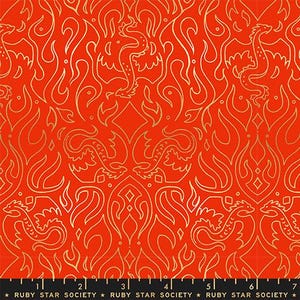 May include: A vibrant orange fabric featuring a repeating pattern of gold-colored line art depicting dragons and stylized flames. The bottom edge includes a black selvage border with the repeating white text "RUBY STAR SOCIETY" and numbers.
