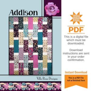 Peut inclure: Un téléchargement numérique PDF pour un modèle de courtepointe appelé "Addison" par Villa Rosa Designs. Le motif présente un design de patchwork coloré avec divers imprimés floraux et géométriques.
