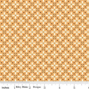 May include: A seamless fabric pattern with a repeating design of small white flowers with brown centers on a light orange background.
