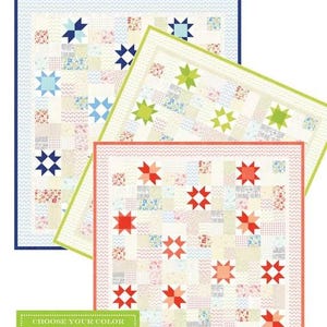 May include: Three colorful star-patterned quilts are displayed, each with a unique color scheme. The quilts feature a patchwork design with star motifs in shades of blue, green, and red. The text "Galaxy" is at the top, and the text "Choose your color palette & your favorite low volumes!" is at the bottom.