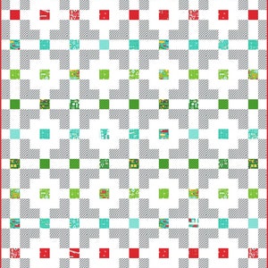 May include: A white quilt with a checkered pattern in gray, red, green, yellow, and blue. The quilt is made up of small squares with different patterns and designs.