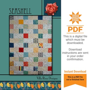 May include: A quilt pattern titled "Seashell" with a patchwork design. The quilt features squares in various colors and patterns, including red, blue, yellow, and patterned fabrics. The text "PDF" and "Instant Download" are also visible.