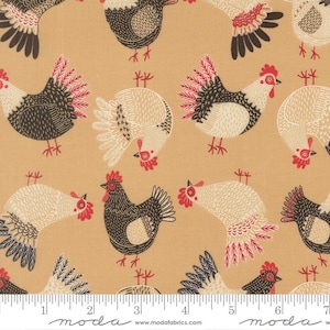 May include: Tan fabric with a repeating pattern of stylized chickens in black, white, and red. The chickens are in various poses, with detailed feathers and red combs. The fabric has a ruler along the bottom with the word "moda" and "www.modafabrics.com".